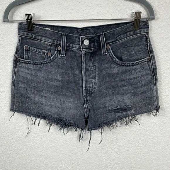Levis 501 Big E High Rise Cut Off Shorts Washed Trashed Black Sz 26 - Picture 4 of 16